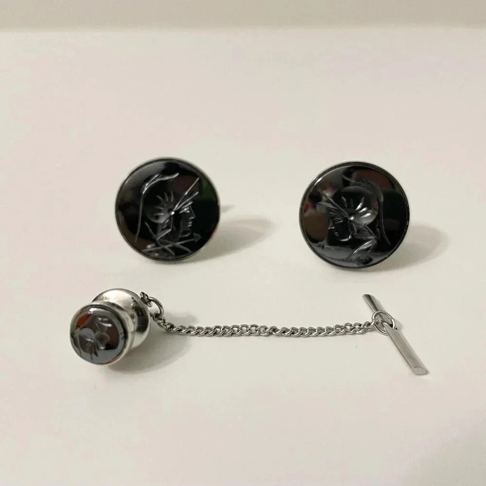 Vintage Webco Sterling Cufflinks Trojan Warrior Knight and Lapel Pin and Chain